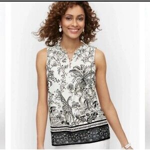 TALBOTS Ruffle Trim Jungle Friends sleeveless blouse Size Petite Large